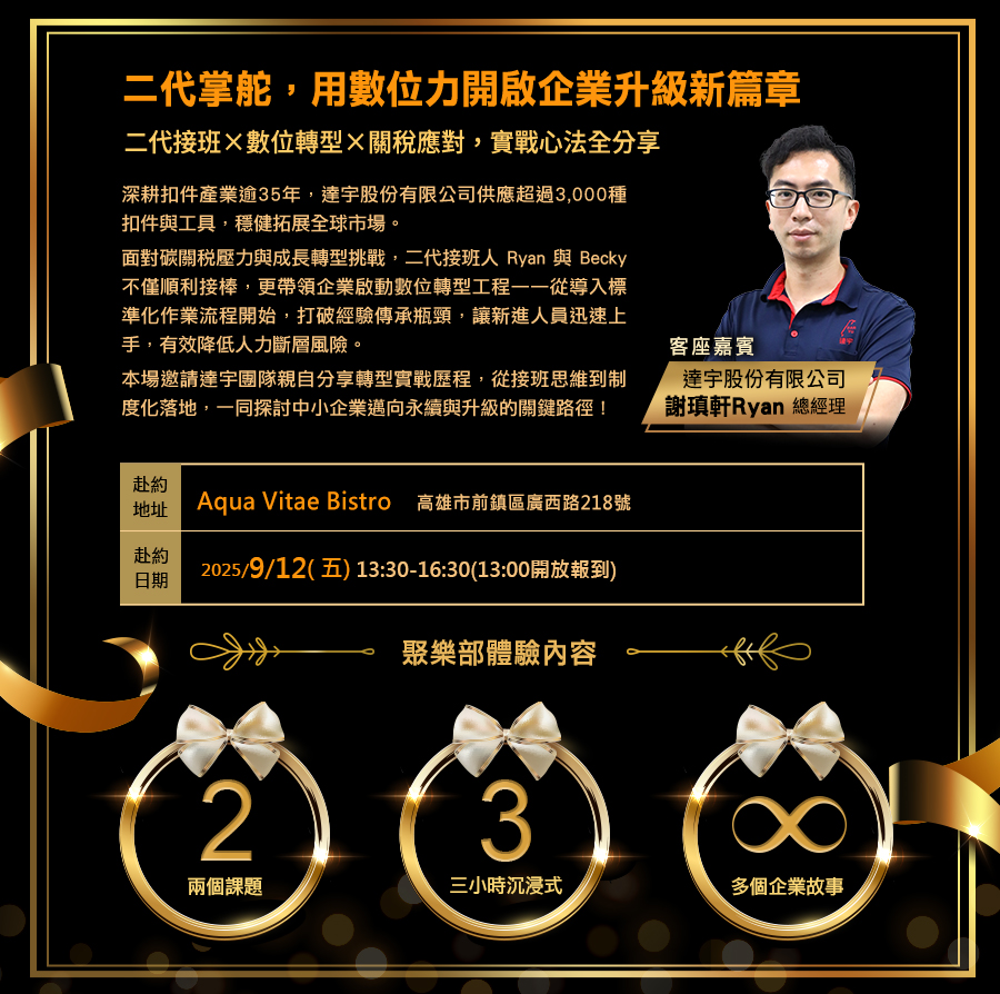 「【知識聚樂部｜達宇企業】二代掌舵，用數位力開啟企業升級新篇章」的活動說明圖片。