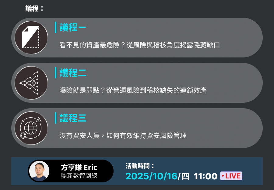 「從稽核視角看資安風險控管：外部資產盤點與曝險解法」的活動說明圖片。