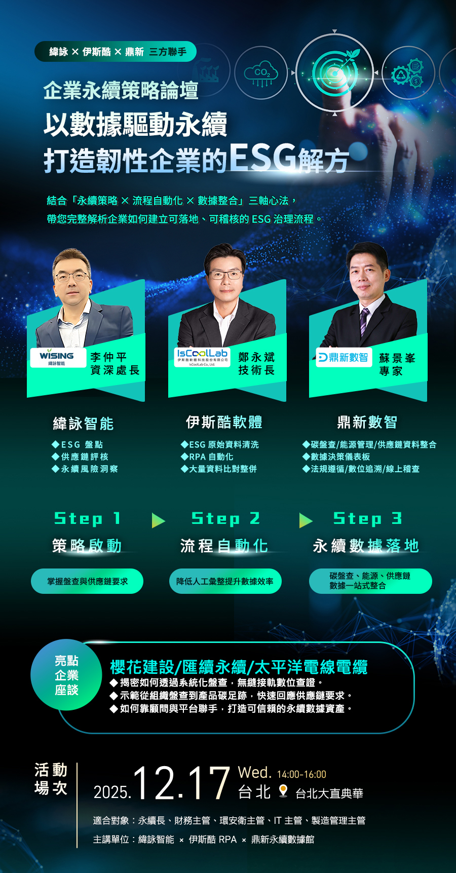 「【企業永續策略論壇】以數據驅動永續：打造韌性企業的ESG 解方」的活動說明圖片。