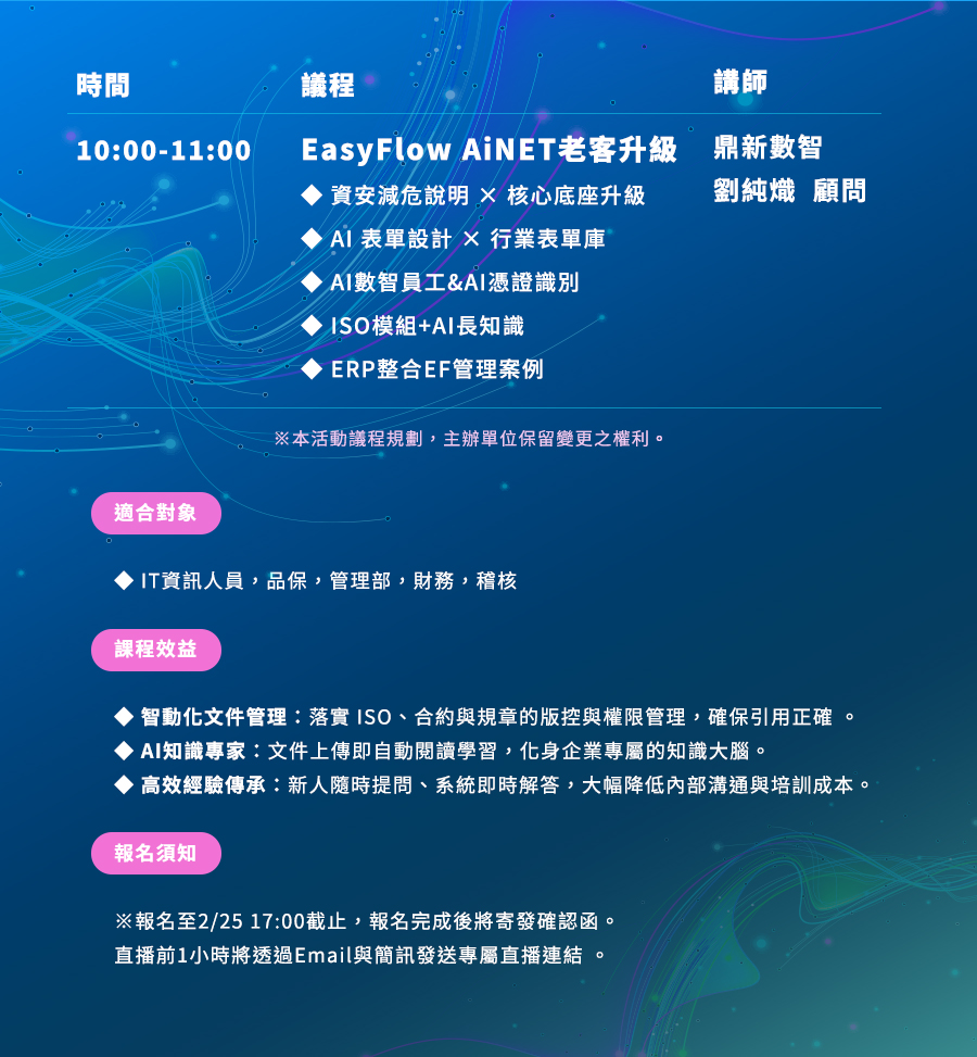 「【老客專屬】EasyFlow AiNET老客升級管理系統說明會」的活動說明圖片。