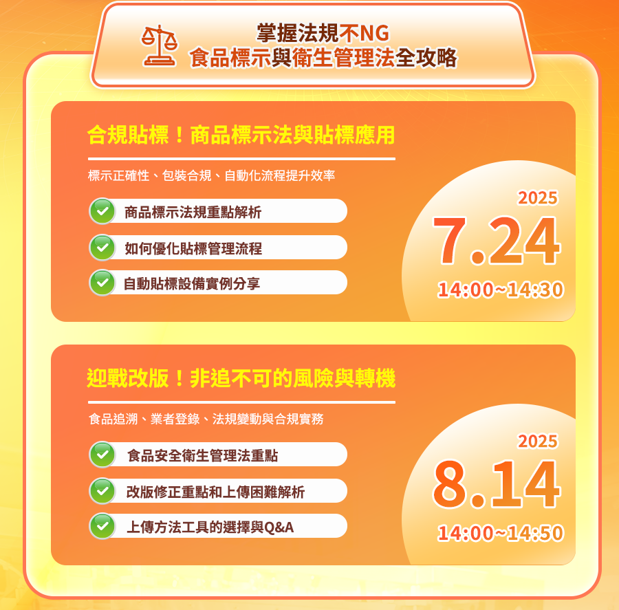 「【趨勢迎變局】食品業必備：食安法規與商品標示實戰指南」的活動說明圖片。