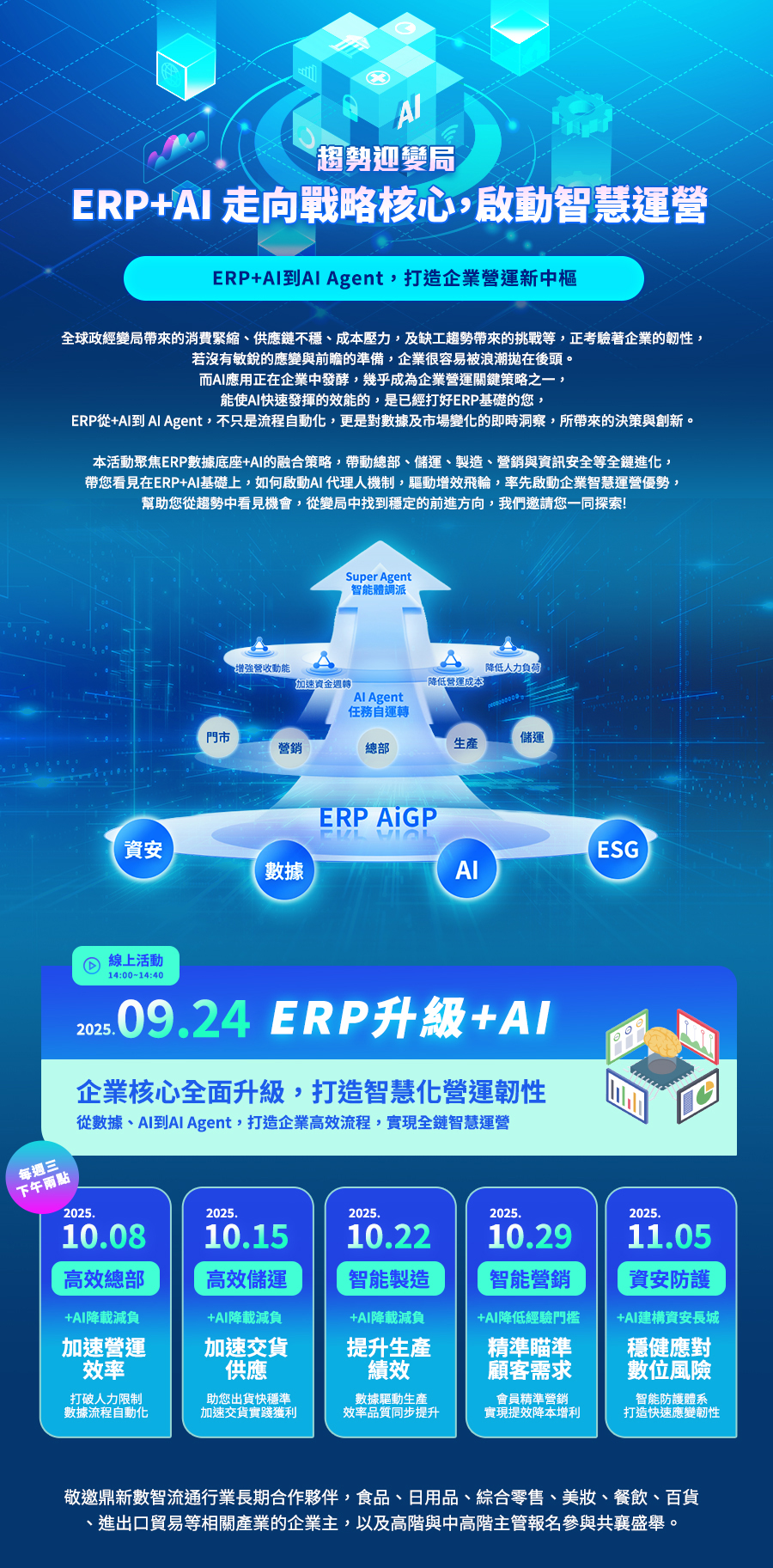 「趨勢迎變局：ERP+AI走向戰略核心，啟動智慧運營」的活動說明圖片。