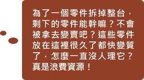 為了一個零件拆掉整台,剩下的零件能幹嘛?不會被拿去變賣吧?這些零件放在這裡很久了都快變質了,怎麼一直沒人理它?真是浪費資源!